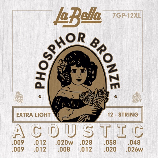 [7GP12XL] JUEGO DE 12 CuerdasPARA GUITARRA ACÚSTICA LA BELLA PHOSPHOR BRONZE EXTRA LIGHT 09-48